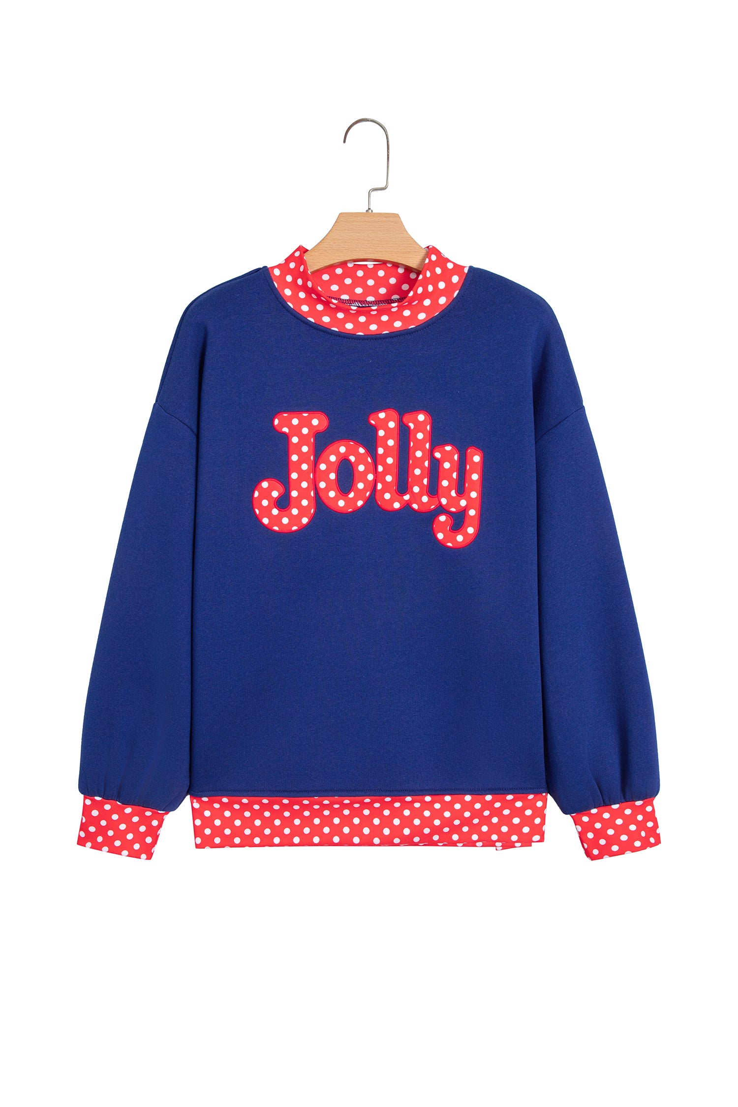 Sail Blue Polka Dot Letter Print Contrast Trim Mock Neck Sweatshirt - Aaria Tees Aaria Tees