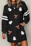 Black Sequin Ghost Graphic Varsity Striped Sleeve Halloween Sweatshirt Dress Aaria Tees