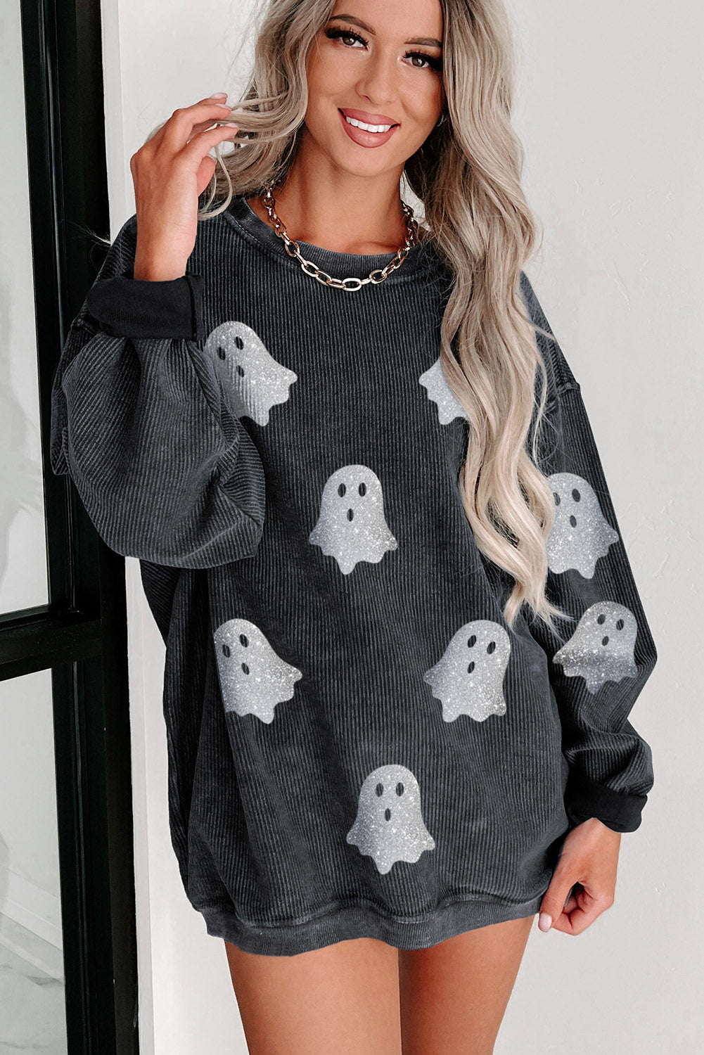 Pink Halloween Ghost Corded Crew Neck Loose Sweatshirt - Aaria Tees Aaria Tees