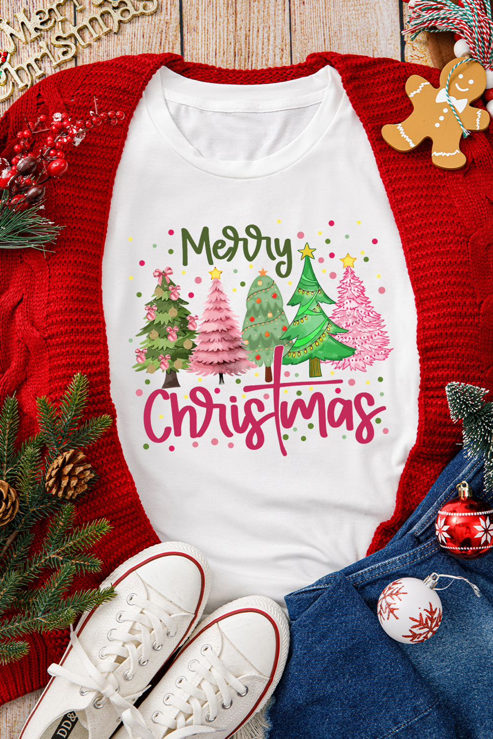 White Merry Christmas Holiday Vibe Graphic Crewneck T Shirt - Aaria Tees Aaria Tees