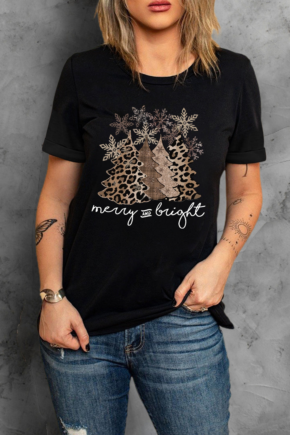 Black Leopard Christmas Tree Graphic Crew Neck T Shirt - Aaria Tees Aaria Tees