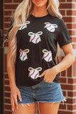 Black Shimmering Sequin Bow Ball Patterned Game Day Casual Tee Aaria Tees