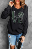 Black Rhinestone LOVE Clover Graphic St Patricks Pullover Sweatshirt Aaria Tees