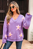 Lavendula Brushed Star Graphic V Neck Drop Shoulder Oversize Sweater Aaria Tees