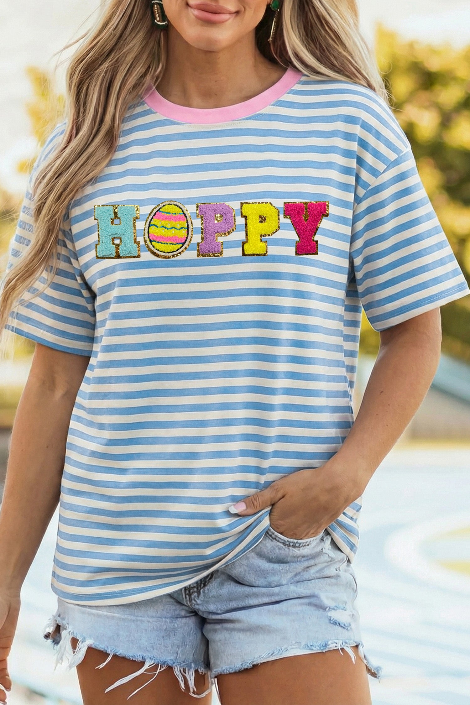 Sky Blue Stripe HOPPY Chenille Patched Graphic Crew Neck Tee - Aaria Tees Aaria Tees