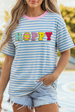 Sky Blue Stripe HOPPY Chenille Patched Graphic Crew Neck Tee - Aaria Tees Aaria Tees
