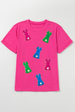 Rose Red Easter Rabbit Chenille Patched Pattern Crew Neck Tee Aaria Tees