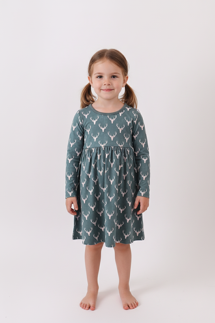 Premium forest reindeer print bamboo dress - Aaria Tees Aaria Tees