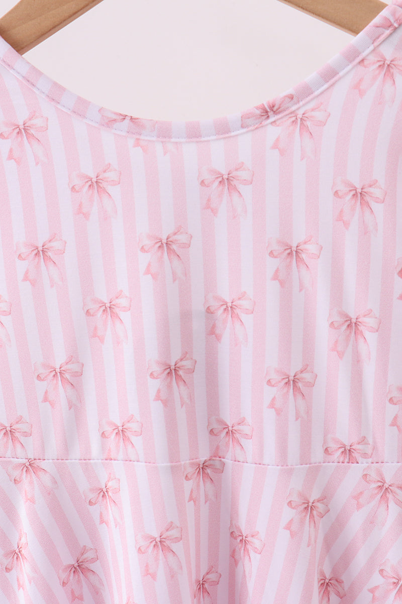 Premium blush bow stripe print ruffle bamboo dress - Aaria Tees Aaria Tees