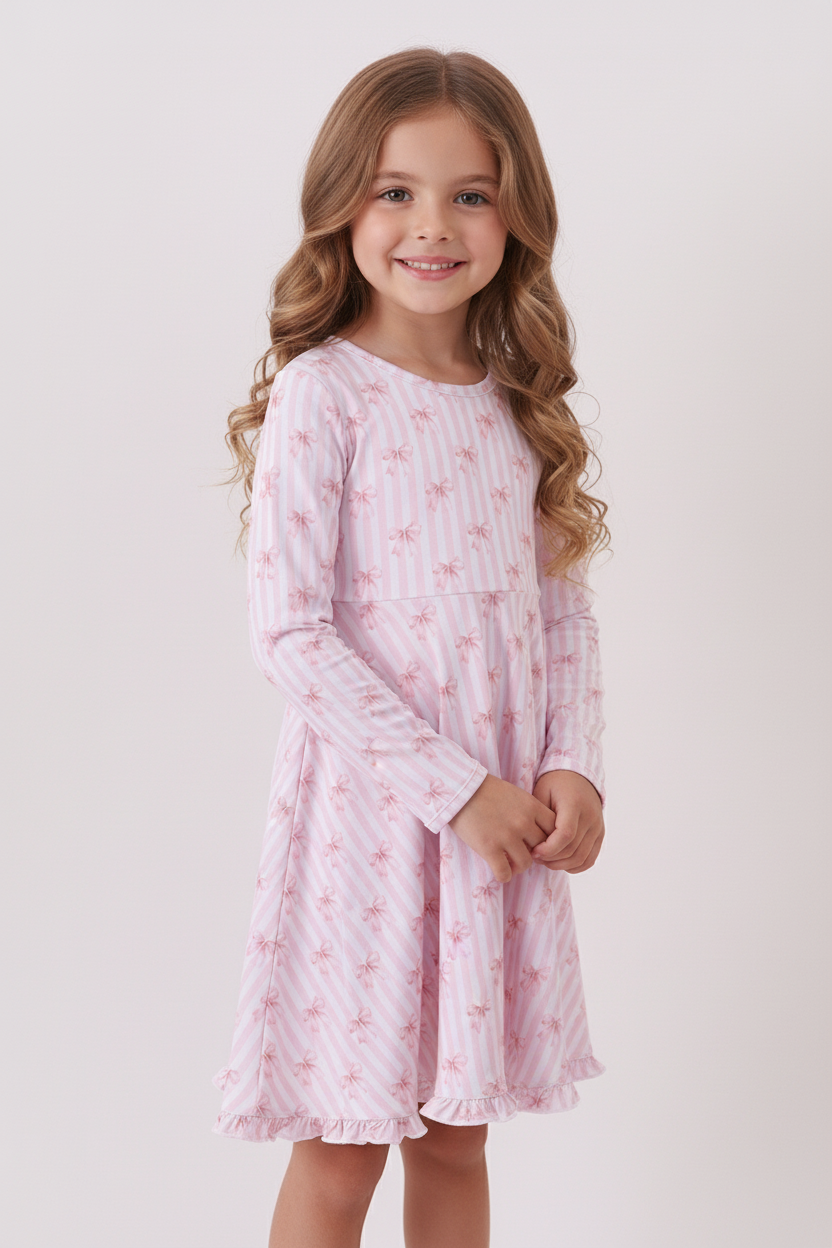 Young girl wearing a pink floral nightgown against a white background Aaria Tees
