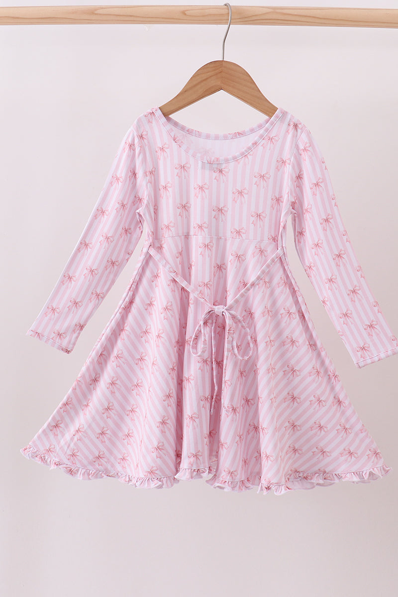 Premium blush bow stripe print ruffle bamboo dress - Aaria Tees Aaria Tees
