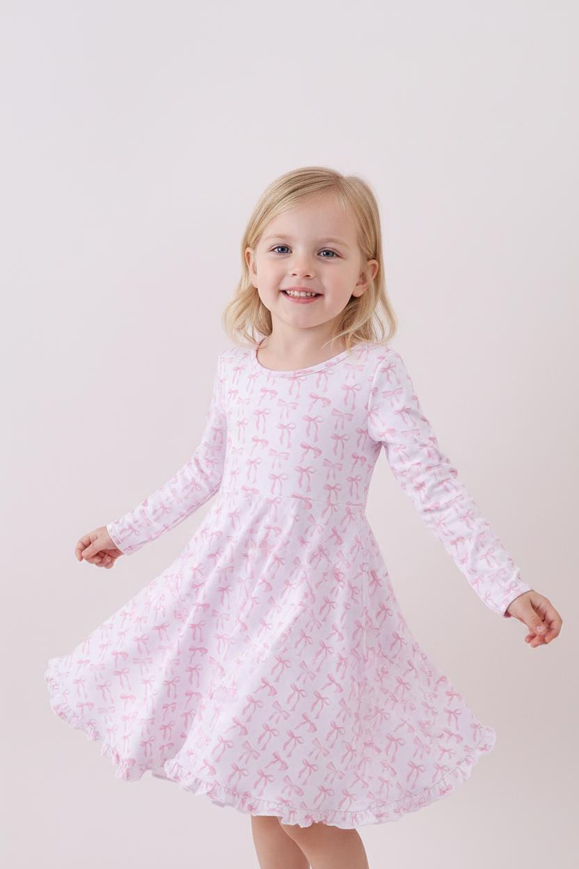 Young girl wearing a pink dress with a subtle pattern on a white background Aaria Tees