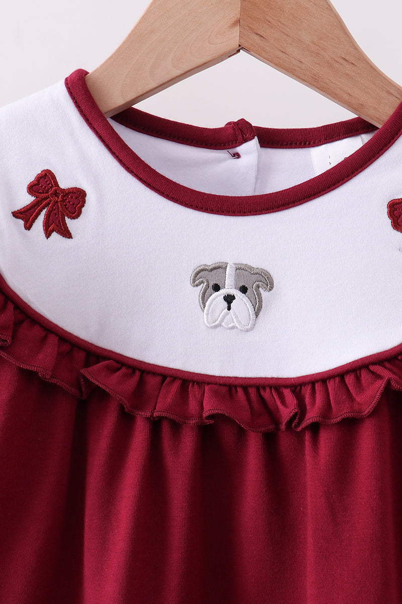 Premium Maroon Georgia bulldog bow embroidery ruffle pants set - Aaria Tees Aaria Tees