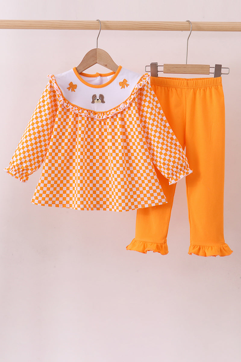 Orange Tennessee puppy bow embroidery checkered ruffle pants set - Aaria Tees