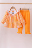 Orange Tennessee puppy bow embroidery checkered ruffle pants set - Aaria Tees Aaria Tees