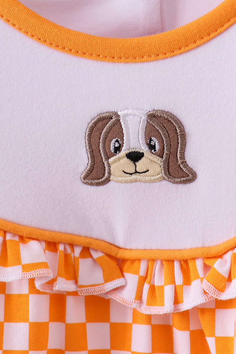 Orange Tennessee puppy bow embroidery checkered ruffle pants set - Aaria Tees Aaria Tees