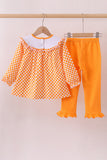 Orange Tennessee puppy bow embroidery checkered ruffle pants set - Aaria Tees Aaria Tees