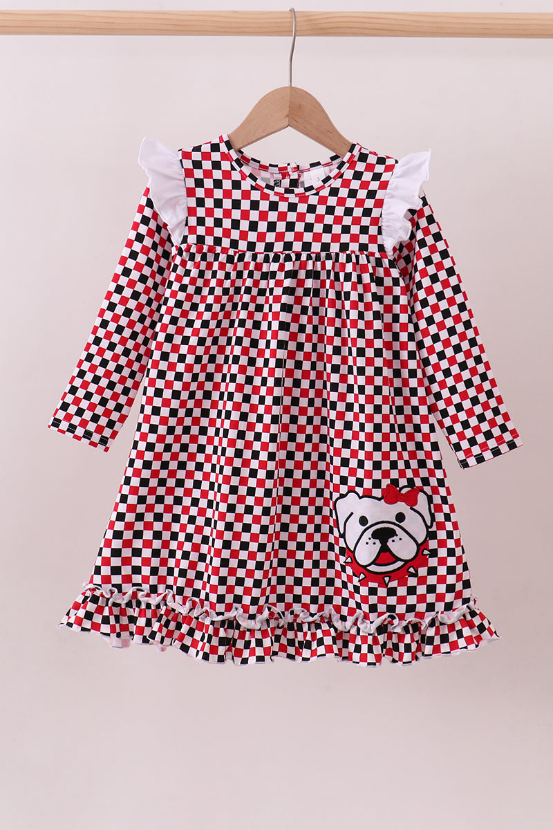 Checkered Georgia dog applique ruffle dress - Aaria Tees Aaria Tees