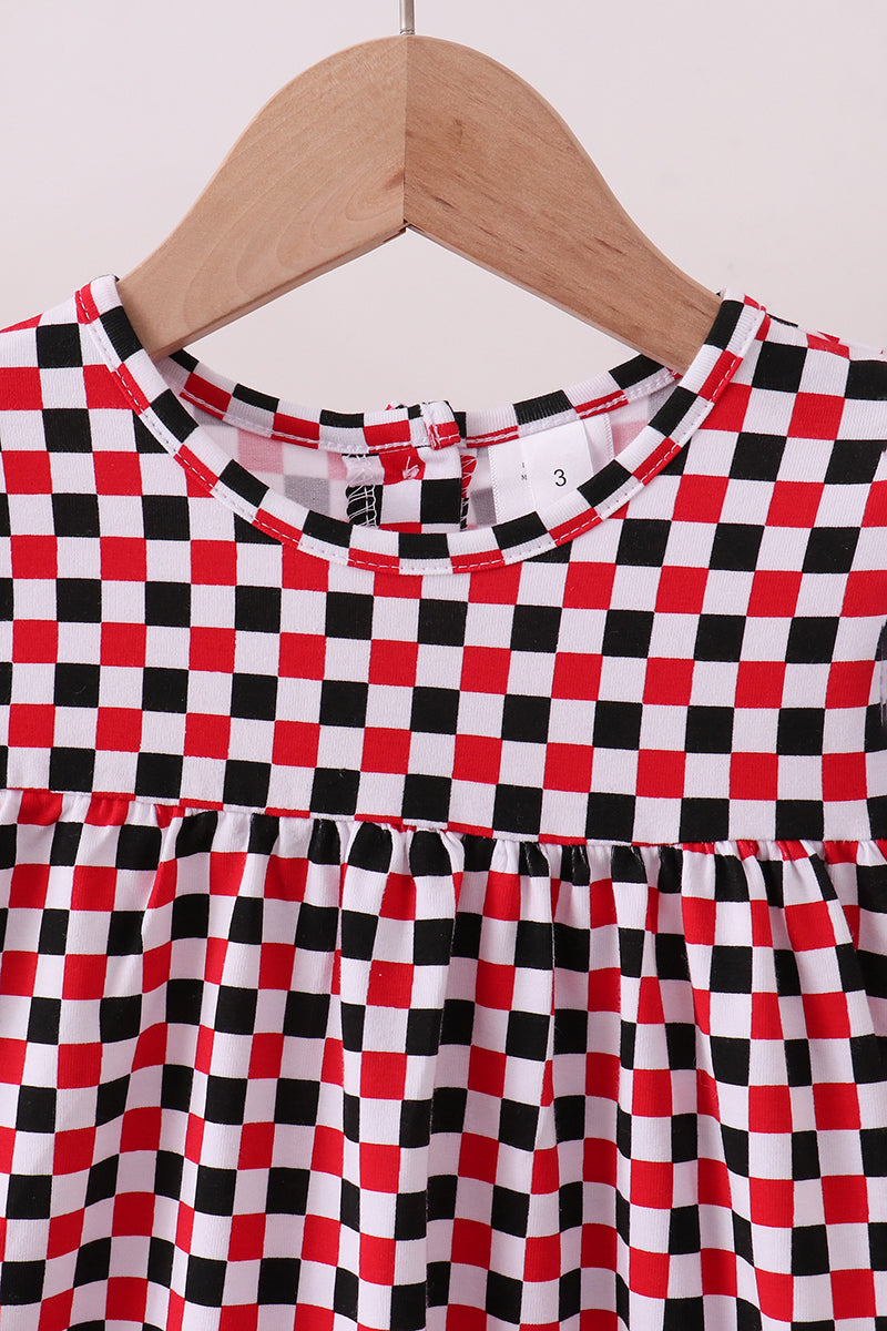 Checkered Georgia dog applique ruffle dress - Aaria Tees Aaria Tees