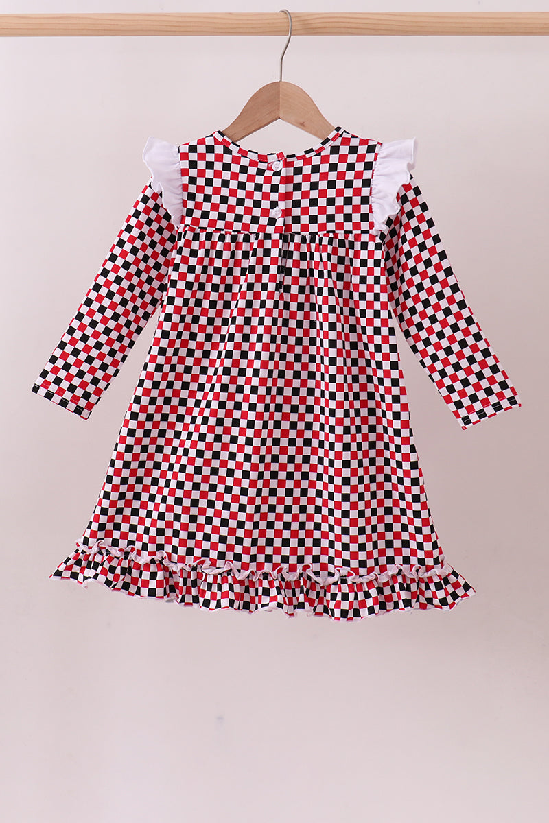 Checkered Georgia dog applique ruffle dress - Aaria Tees Aaria Tees