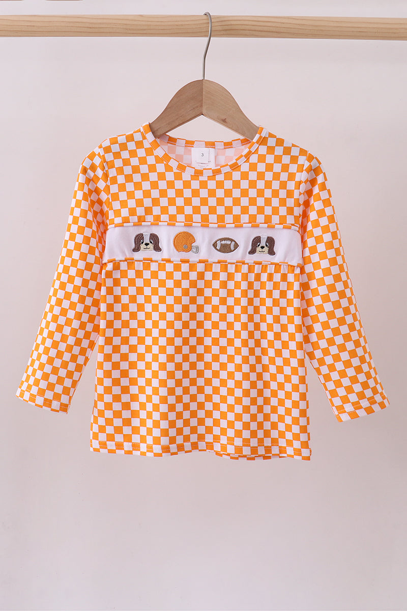 Orange Tennessee puppy bow embroidery checkered top - Aaria Tees Aaria Tees