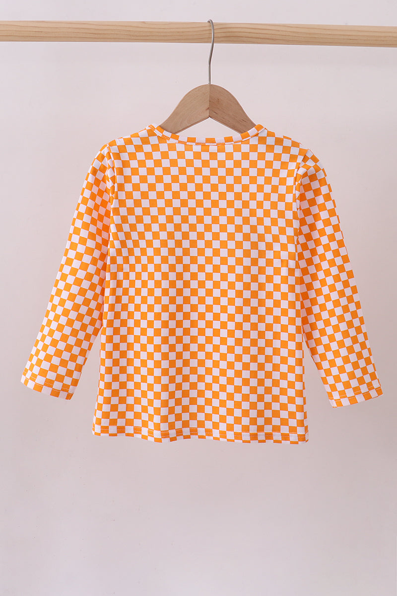 Orange Tennessee puppy bow embroidery checkered top - Aaria Tees Aaria Tees