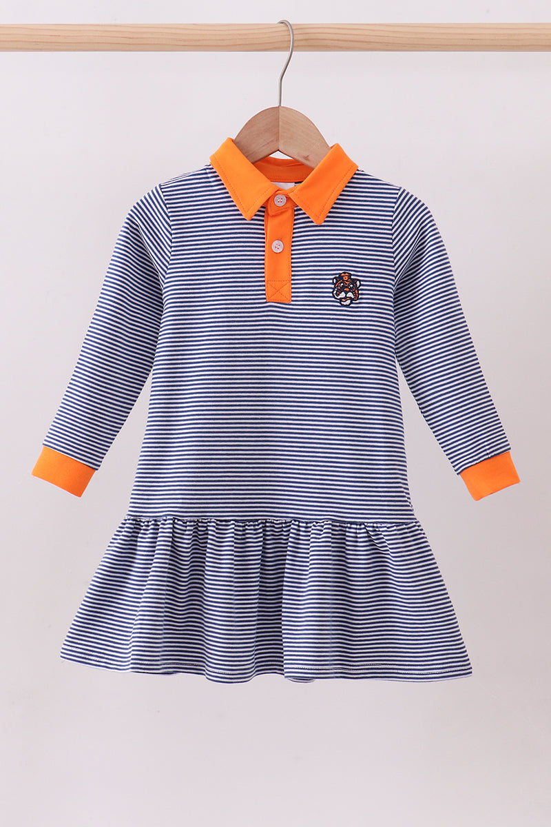 Premium Blue Auburn stripe tiger embroidery dress - Aaria Tees