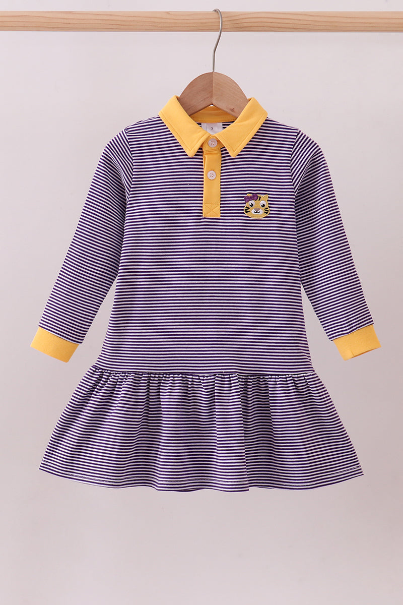 Premium Purple LSU stripe tiger embroidery dress - Aaria Tees
