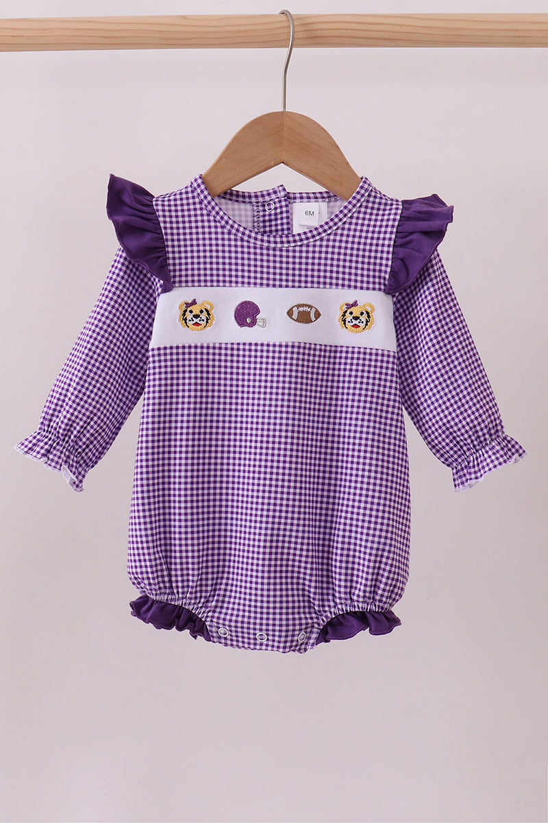 Premium Purple LSU tiger embroidery gingham ruffle bubble - Aaria Tees