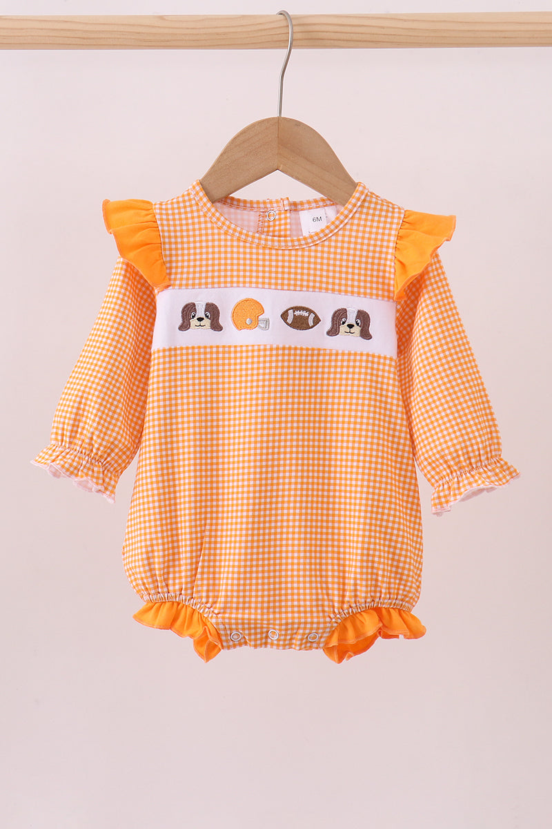 Premium Orange Tennessee puppy football embroidery gingham ruffle bubble - Aaria Tees