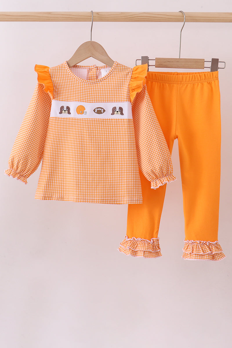 Premium Orange Tennessee puppy football embroidery ruffle pants set - Aaria Tees