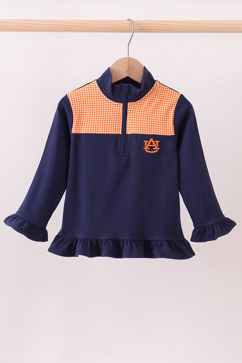 Premium Navy Auburn embroidery ruffle top - Aaria Tees