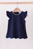 Navy flutter sleeve scalloped top Aaria Tees