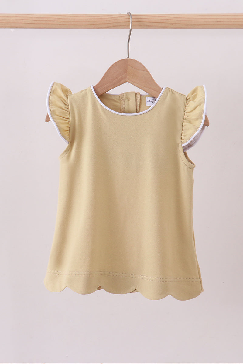 Khaki flutter sleeve scalloped top - Aaria Tees