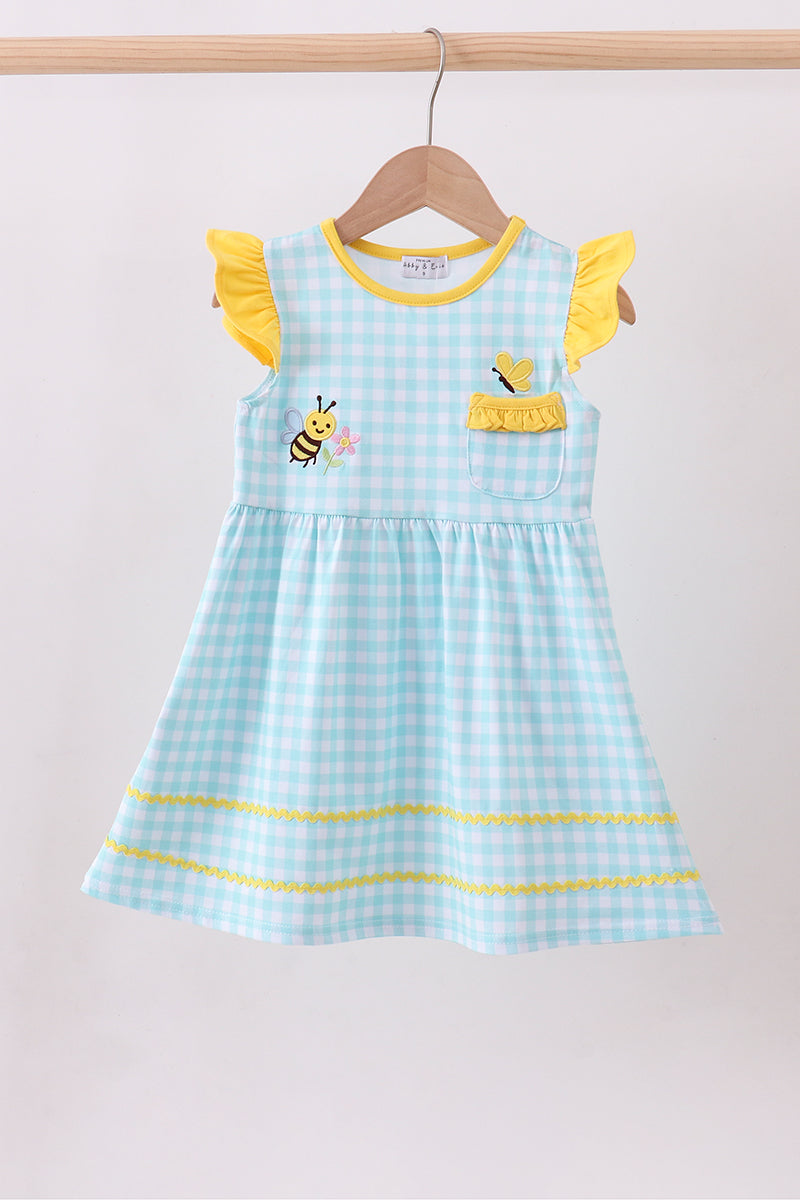 Blue gingham  butterfly & bee pocket flutter dress - Aaria Tees Aaria Tees