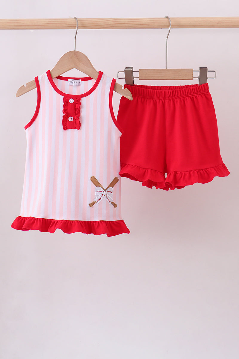 Pink baseball bow stripe ruffle shorts set - Aaria Tees
