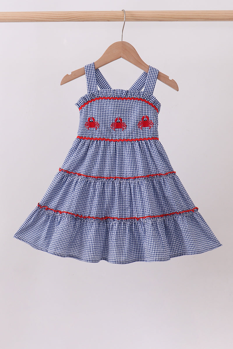 Blue crab embroidery gingham tiered dress - Aaria Tees