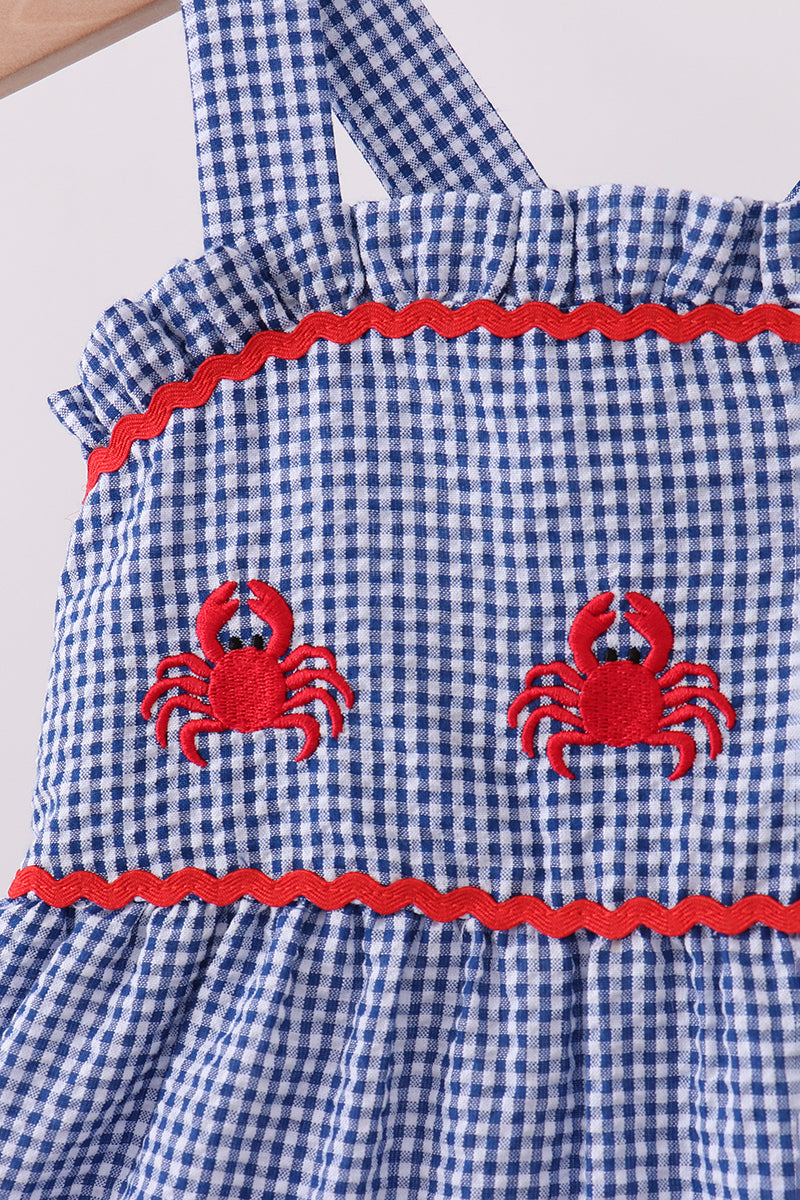 Blue crab embroidery gingham tiered dress - Aaria Tees Aaria Tees