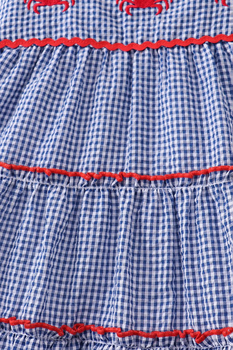 Blue crab embroidery gingham tiered dress - Aaria Tees Aaria Tees