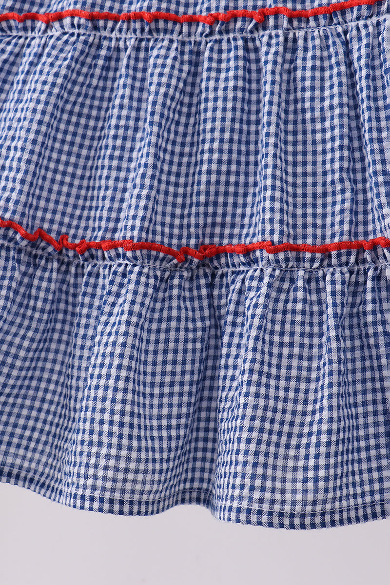 Blue crab embroidery gingham tiered dress - Aaria Tees Aaria Tees