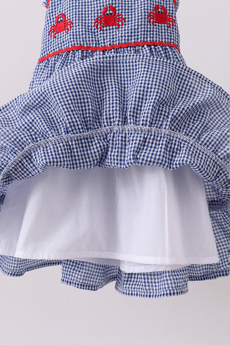 Blue crab embroidery gingham tiered dress - Aaria Tees Aaria Tees