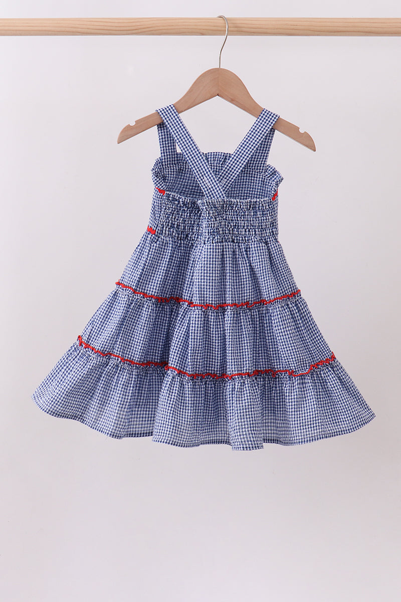 Blue crab embroidery gingham tiered dress - Aaria Tees Aaria Tees