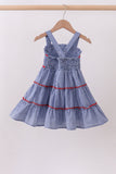 Blue crab embroidery gingham tiered dress - Aaria Tees Aaria Tees