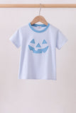 Blue stripe Smirk face applique top Aaria Tees