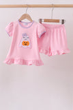 Pink ghost pumpkin embroidery ruffle shorts set Aaria Tees