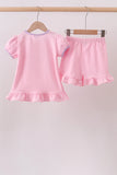 Pink ghost pumpkin embroidery ruffle shorts set Aaria Tees