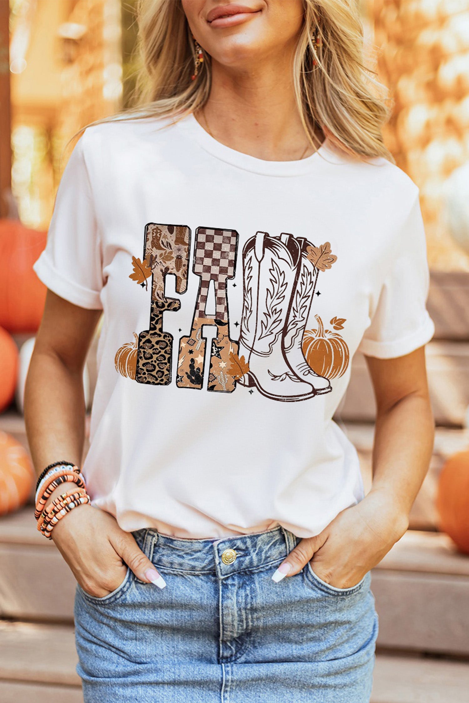 White FALL Letter Print Western Thanksgiving Graphic T-Shirt - Aaria Tees Aaria Tees