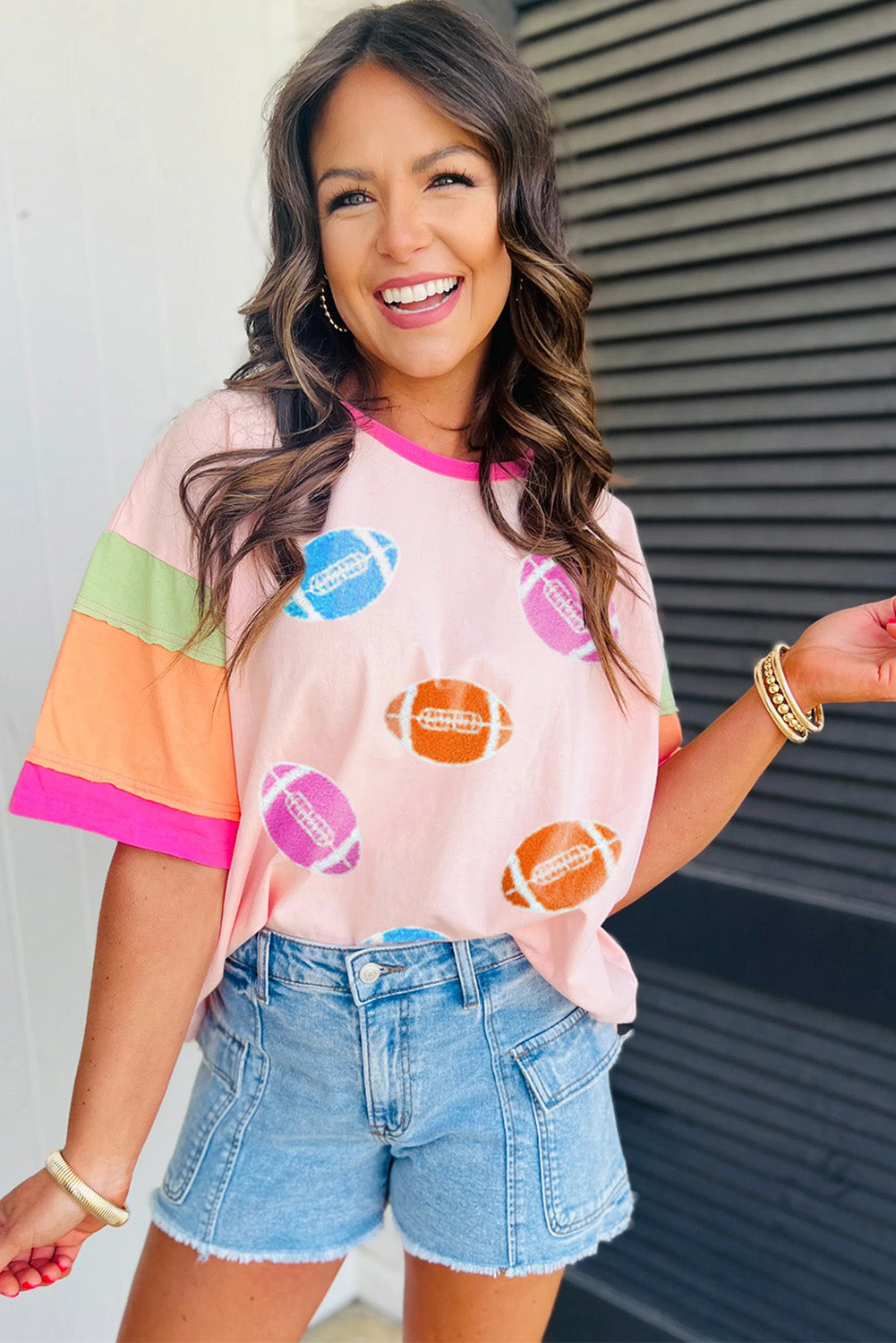 Pink Rugby Chenille Embroidered Color Block Half Sleeve T Shirt - Aaria Tees Aaria Tees