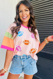 Pink Rugby Chenille Embroidered Color Block Half Sleeve T Shirt - Aaria Tees Aaria Tees