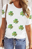 White Sequin Lucky Clover Patched Casual Round Neck Tee Aaria Tees